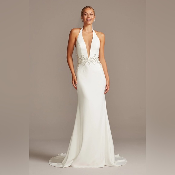 Elegant White beaded Halter Dress wedding16W